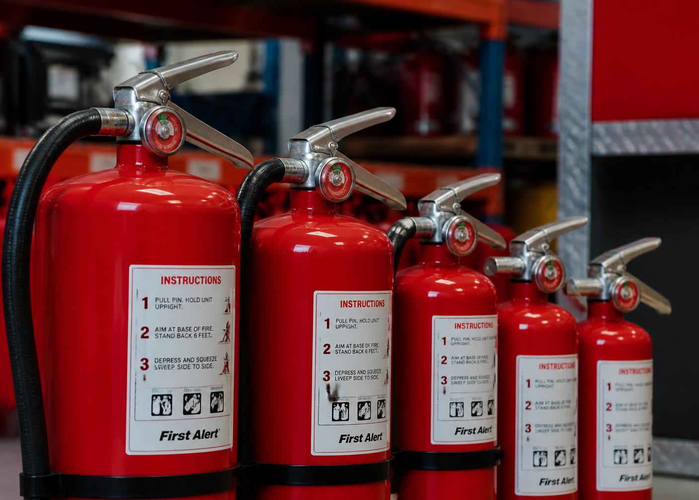 Row of new red commercial fire extinguishers in different sizes on a warehouse shelf