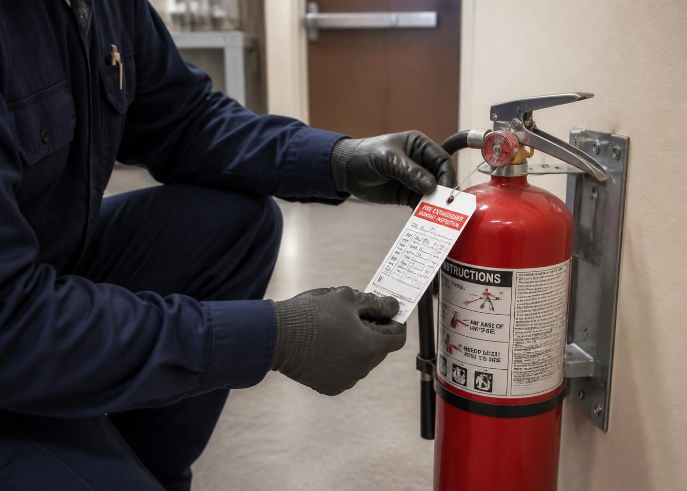 Technician in a navy uniform attaching an inspection tag to a commercial fire extinguisher